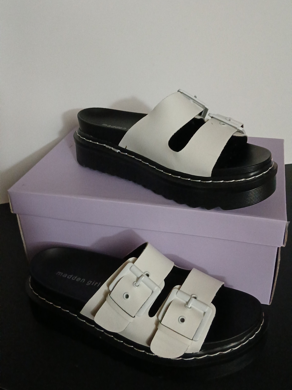 Madden Girl White Double-Buckle Platform Slide Sandals with Black Footbed